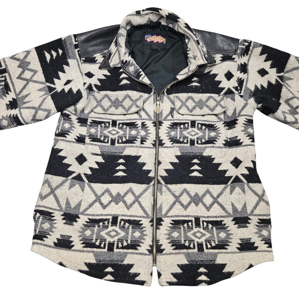Vintage Easyriders Jacket L Black Gray Aztec Wool Shacket Leather‎ Trim Biker